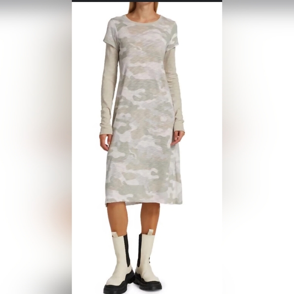 ATM SZ S Midi Grunge Camo Slub Jersey Crew Neck Long Sleeve Casual Shift Dress - Picture 1 of 16